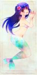  :d aoki_reika bikini bikini_top blue_eyes blue_hair blush cosplay fish_tail flower hair_flower hair_ornament hibiscus highres kuzumochi long_hair looking_at_viewer mermaid monster_girl open_mouth precure smile smile_precure! solo swimsuit the_little_mermaid the_little_mermaid_(andersen) the_little_mermaid_(cosplay) 