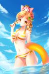  bikini blonde_hair blush breasts charlotte_(madoka_magica) cleavage creature_on_head fisheye flower front-tie_top grandia_(artist) hair_flower hair_ornament hibiscus highres innertube large_breasts mahou_shoujo_madoka_magica on_head popsicle shiny shiny_skin striped striped_bikini striped_swimsuit swimsuit tomoe_mami twintails wading yellow_eyes 