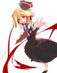  ascot blonde_hair dress fang hair_ribbon looking_at_viewer open_mouth outstretched_arms outstretched_hand red_eyes ribbon rumia short_hair simple_background smile solo tatwuku touhou white_background youkai 