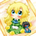  ascot blonde_hair blue_eyes blush chibi doll dress flower green_dress ib long_hair lowres mary_(ib) open_mouth rebecca_(keinelove) rose sitting solo stuffed_toy v_arms yellow_rose 