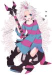  blue_eyes boots character_name dress electric_guitar fangs fingernails freckles garo_(artist) guitar hair_bobbles hair_ornament heart homika_(pokemon) instrument minidress open_mouth pokemon pokemon_(game) pokemon_bw2 shirt smile solo striped striped_dress striped_shirt topknot white_hair 