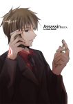  brown_eyes brown_hair cellphone command_spell cross fate/zero fate_(series) formal iroha_(shiki) kotomine_kirei male necktie phone solo suit white_background 
