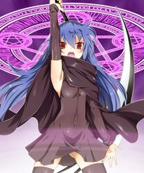  arm_up armpits black_dress black_legwear blue_hair cape detached_sleeves dress haqua_du_lot_herminium highres kami_nomi_zo_shiru_sekai long_hair magic_circle navel navel_cutout open_mouth raised_arm red_eyes scythe thigh-highs thighhighs tsurime yuto zettai_ryouiki 