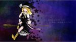  1girl blonde_hair boots bow braid broom broom_riding cross-laced_footwear english grin hair_bow hat hat_ribbon highres kirisame_marisa lace-up_boots lif long_hair mini-hakkero ribbon side_braid sidesaddle single_braid skirt skirt_set smile solo star touhou witch witch_hat yellow_eyes 