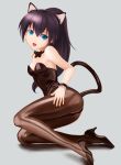  animal_ears bare_shoulders blue_eyes blush boku_wa_tomodachi_ga_sukunai bowtie brown_legwear cat_ears cat_tail derivative_work ganaha_hibiki grey_background highres idolmaster long_hair looking_at_viewer open_mouth pantyhose parody ponytail pumps shiny shiny_clothes simple_background solo tail takahirokun wrist_cuffs 