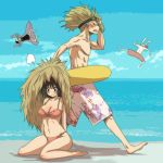  1girl 3boys akira_(valzerica) aoi_hana_(oumagadoki_doubutsuen) beach bikini blush breasts isana_(oumagadoki_doubutsuen) multiple_boys oumagadoki_doubutsuen shiina_(oumagadoki_doubutsuen) shishido_(oumagadoki_doubutsuen) sitting swimsuit wariza 