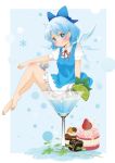  bare_legs barefoot berry_jou blue_dress blue_eyes blue_hair blush bow cake cirno cocktail_glass dress food fruit hair_bow in_container lemon minigirl shirt short_hair sitting smile solo strawberry touhou wings 