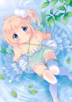  absurdres blonde_hair blue_eyes copyright_request dress highres knees_together_feet_apart leaf looking_up pan_(mimi) side_ponytail sitting sundress water wet wet_clothes 