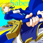  ahoge blonde_hair character_name dress excalibur fate/stay_night fate_(series) green_eyes hair_ribbon matatabi_nia nail_polish perspective ribbon saber solo sword weapon 