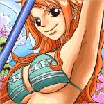  bikini_top black_eyes breasts clima-tact earrings jewelry kiyu_(zuyu) large_breasts long_hair lowres nami one_piece orange_hair smile under_boob underboob 