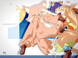  2girls :d ^_^ animal_costume animal_ears bare_shoulders bilingual_commentary blonde_hair blue_streaks boots brown_boots brown_gloves character_name cho_kaguya-hime! closed_eyes closed_mouth commentary crescent crescent_hair_ornament drop_shadow english_commentary forehead_jewel fox_costume fox_ears full_body gloves green_eyes hair_ornament heart highres hug japanese_clothes kaguya_(cho_kaguya-hime!) kimono long_hair looking_at_another lop_rabbit_ears low-tied_long_hair mixed-language_commentary multicolored_hair multiple_girls one_eye_closed open_mouth orange_kimono paindin profile purple_hair rabbit_ears sakayori_iroha shared_costume ship_name single_bare_foot single_boot smile streaked_hair unworn_boots very_long_hair yuri 