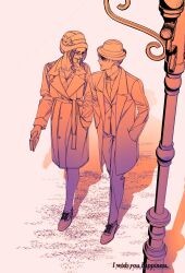  1boy 1other absurdres book closed_eyes coat collared_shirt commentary_request dress_shoes ehye520 english_text from_above full_body glasses hand_in_pocket hands_in_pockets hange_zoe hat highres holding holding_book jacket korean_commentary lamppost laughing levi_(shingeki_no_kyojin) looking_at_another medium_hair necktie open_mouth pants parted_lips shingeki_no_kyojin shirt short_hair smile suit_jacket updo walking 