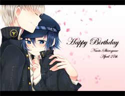  1girl amnos18 androgynous blue_eyes blue_hair cabbie_hat closed_eyes couple crossdressinging eyes_closed grey_hair happy_birthday hat hug narukami_yuu persona persona_4 reverse_trap school_uniform shirogane_naoto short_hair tomboy 