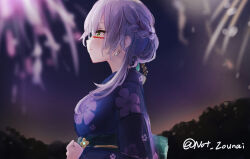  1girl aerial_fireworks braid commentary_request fireworks from_side glasses green_eyes heaven_burns_red highres izumi_yuki_(heaven_burns_red) japanese_clothes kimono kurauchi_naya purple_hair yukata 