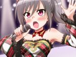  bare_shoulders baresoulders black_hair blush idolmaster idolmaster_cinderella_girls kanzaki_ranko long_hair microphone ponytail red_eyes singing solo uraichishi 