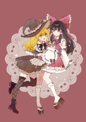  2girls alternate_costume apron asymmetrical_legwear blonde_hair boots bow bowtie braid brown_boots brown_bow brown_bowtie brown_eyes brown_hair brown_hat brown_thighhighs checkerboard_cookie_hair_ornament chinese_commentary closed_mouth commentary_request cookie_hair_ornament detached_sleeves dress food-themed_clothes food-themed_hair_ornament food_request frilled_bow frilled_hair_tubes frills full_body hair_bow hair_ornament hair_tubes hakurei_reimu hat highres iwakoo kirisame_marisa kneehighs lace-up_boots long_hair looking_at_viewer mismatched_legwear multiple_girls open_mouth pink_dress platform_sandals red_bow red_bowtie ribbon-trimmed_sleeves ribbon_trim sandals side_braid simple_background single_braid smile socks sprinkles star_(symbol) thigh-highs touhou very_long_hair waist_apron white_apron white_socks witch_hat wrist_cuffs yellow_eyes 