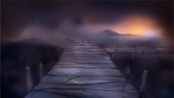  arrapso bridge fog highres horizon island lake lake_of_voices light_particles morning no_humans non-web_source outdoors scenery self-datamine sunrise 