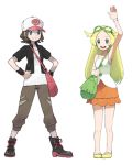  adapted_costume alternate_costume alternate_hair_length alternate_hairstyle bag baseball_cap bel_(pokemon) blonde_hair blue_eyes brown_hair cosplay glasses green_eyes hat long_hair lowres multiple_girls parody pokemon pokemon_(game) pokemon_bw purse shaving short_hair skirt smile touko_(pokemon) yamo_(ly) 