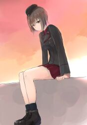  black_hat black_jacket black_shoes brown_eyes brown_hair commentary_request cross full_body garrison_cap girls_und_panzer hair_between_eyes hat highres iron_cross jacket kneehighs kuromorimine_military_uniform legs_together long_sleeves military_hat military_jacket military_uniform miniskirt nishizumi_maho pleated_skirt red_shirt shirt shoes short_hair sitting skirt socks sunset wawawa_(hisuterisisusa) 