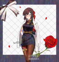  1girl artist_logo belt black_dress black_gloves black_hair blunt_sidelocks brown_pantyhose checkered_hairband coat commentary_request dress flower folded_hair freckles gloves green_eyes grid_background hairband kantai_collection logo long_hair mogador_(kancolle) mogador_(valentine)_(kancolle) official_alternate_costume pantyhose red_hairband rose sidelocks sleeveless sleeveless_dress solo striped_clothes striped_dress translation_request white_coat wss_(nicoseiga19993411) yellow_belt 