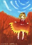  aki_shizuha arms_up artist_name blonde_hair blouse blue_sky bobby_socks buttons character_name cloud clouds dated flying forest hair_ornament headband leaf looking_down nature no_nose open_mouth pink_legwear shoes short_hair skirt skirt_lift sky smile socks solo tongue touhou touhousimai yellow_eyes 