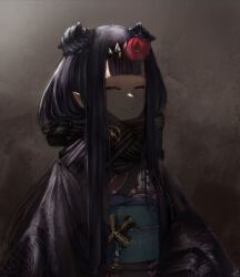  1girl absurdres black_haori black_kimono black_scarf bloop_(gawr_gura) braid brown_background bubba_(watson_amelia) bun_with_braided_base center-flap_bangs closed_eyes closed_mouth death-sensei_(mori_calliope) double_bun enpera flower hair_bun hair_flower hair_ornament haori highres hololive hololive_english japanese_clothes kimono kotori_(takanashi_kiara) kyatto-mikazu long_hair ninomae_ina'nis ninomae_ina'nis_(new_year) obi obiage obijime pointy_ears print_kimono purple_hair red_flower sash scarf smile solo striped_clothes striped_scarf takodachi_(ninomae_ina'nis) upper_body virtual_youtuber 