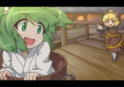  :d blonde_hair bow brown_eyes bucket fun_bo green_eyes green_hair hair_bobbles hair_bow hair_ornament kisume kurodani_yamame letterboxed multiple_girls open_mouth running short_hair smile touhou twintails 