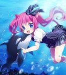  :d animal_ears blue_eyes bubble cat_ears dress hair_bobbles hair_ornament long_hair looking_at_viewer open_mouth original pink_hair sakuro smile striped twintails underwater whale 