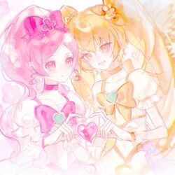  2girls blonde_hair bow bow_choker bowtie brooch chinese_commentary choker clenched_hand collarbone commentary_request cowboy_shot crop_top cure_blossom cure_sunshine dress earrings eyelashes floral_background flower flower_earrings frilled_sleeves frilled_wrist_cuffs frills hair_between_eyes hair_bow hair_flower hair_ornament hanasaki_tsubomi hand_on_own_chest happy heads_together heart heart_brooch heart_hands heart_hands_duo heartcatch_precure! high_ponytail highres jewelry light_particles long_hair looking_at_viewer magical_girl midriff multiple_girls myoudouin_itsuki open_mouth orange_bow orange_bowtie orange_choker orange_wrist_cuffs pink_bag pink_bow pink_bowtie pink_choker pink_flower pink_hair pink_wrist_cuffs ponytail precure puffy_short_sleeves puffy_sleeves shirt short_sleeves sparkle square_neckline sunflower twintails very_long_hair waist_bag wavy_hair white_background white_dress white_shirt wrist_cuffs wrist_flower yellow_eyes yellow_flower yijian_duijiu 