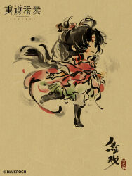  1girl black_boots black_hair blue_eyes boots calligraphy chibi chibi_only chinese_clothes chinese_commentary chinese_text commentary_request copyright_name copyright_notice exercising facial_mark faux_traditional_media forehead_mark from_side full_body hair_bun hanfu highres ink_wash_painting leg_up logo long_hair looking_at_viewer official_art pants paper_heron paper_texture red_hanfu reverse:1999 solo standing standing_on_one_leg white_pants yellow_background 
