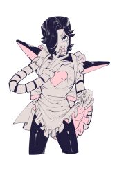  1boy android apron apron_hold back_bow bow commentary_request cropped_legs crossdressing crossdressing_(mtf) curtained_hair eyeshadow fewer_digits flipped_hair frilled_apron frills gloves hair_over_one_eye hatching_(texture) heart looking_at_viewer makeup male_focus mechanical_arms mettaton mettaton_ex no_pupils one_eye_covered partially_colored short_hair sigumado66 simple_background solo standing straight-on undertale utdr_(toby_fox) white_background 