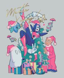  2boys :d alternate_costume android animal_nose arm_up black_eyes black_eyeshadow black_hair black_pants black_sclera black_shoes blue_bag blue_bow boots bow brown_fur burgerpants cat_boy character_name chestnut_mouth christmas christmas_ornaments christmas_stocking christmas_tree colored_inner_hair colored_sclera commentary_request cousins curtained_hair english_text eyeshadow fang full_body fur-trimmed_headwear fur-trimmed_shirt fur-trimmed_sleeves fur_trim furry furry_male ghost gift gloves grey_background grey_bow hair_over_one_eye hat heart high_heel_boots high_heels highres holding holding_umbrella knee_boots knee_up kneepits leg_up looking_at_another makeup mechanical_arms mettaton mettaton_(box) mettaton_ex multicolored_hair multiple_boys napstablook one_eye_covered open_mouth pants pink_boots pink_eyes pink_hair pink_hat pink_pants pink_sweater pink_umbrella pom_pom_(clothes) santa_costume santa_hat shirt shoes short_hair shyren sigumado66 simple_background smile sparkle standing star_(symbol) sweatdrop sweater teeth tongue two-tone_hair umbrella undertale upper_teeth_only utdr_(toby_fox) v v-shaped_eyebrows white_eyes white_gloves wide_sleeves yellow_bow 