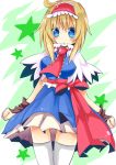 1girl alice_margatroid blonde_hair blue_eyes breasts capelet hairband open_mouth short_dress short_hair solo thigh-highs thighhighs touhou white_legwear yamada_pika 