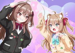  2girls absurdres ahoge animal_ear_fluff animal_ears aqua_bow aqua_bowtie arm_up badge black_cardigan blue_eyes blue_sailor_collar bow bowtie broken_heart broken_heart_hair_ornament brown_hair button_badge cardigan cat_ears cat_girl commentary commission dress_shirt english_commentary evil_neuro-sama fang from_side grin hair_between_eyes hair_ornament hair_ribbon heart heart_hair_ornament highres holding holding_toy kamukamu_(benjomeshi_tsuushin) long_hair long_sleeves multiple_girls neuro-sama open_mouth pet_toy red_bow red_bowtie red_eyes red_ribbon ribbon sailor_collar shirt siblings sisters skin_fang smile stick third-party_source toy twins two_side_up vedal_ai virtual_youtuber white_shirt yellow_cardigan 