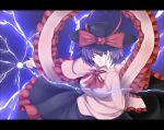 bad_id bow hand_in_hair hat hat_bow highres letterboxed nagae_iku nue0192 purple_hair red_eyes skirt solo touhou