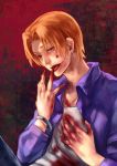  blood bracelet brown_eyes fate/zero fate_(series) finger_licking jacket jewelry licking male orange_hair pepa purple_jacket realistic solo uryuu_ryuunosuke 