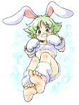  1girl animal_ears barefoot green_eyes green_hair grin looking_at_viewer oyatsu_(mk2) rabbit_ears short_hair smile solo 