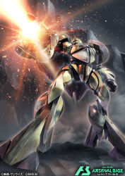  bandai battle beam_cannon commentary_request copyright_notice energy energy_beam firing gundam gundam_arsenal_base hukutuuprunes logo mecha mecha_focus mobile_suit muzzle_flash no_humans official_art realistic robot science_fiction syd_mead_(style) title turn_a_gundam turn_x 