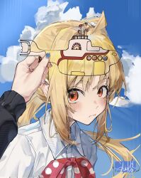  >_< 2girls ^_^ absurdres ahoge blonde_hair blue_nails blush bocchi_the_rock! bow bowtie closed_eyes closed_mouth clouds collared_shirt commentary_request dated day detached_ahoge gotoh_hitori gotoh_hitori_(octopus) highres ijichi_nijika kita_ikuyo long_hair multiple_girls orange_eyes polka_dot polka_dot_bow polka_dot_bowtie pov pov_hands shaymas shirt signature solo_focus the_beatles upper_body white_shirt yamada_ryo yellow_submarine 