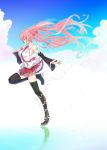  bare_shoulders boots cherry closed_eyes cloud clouds detached_sleeves eyes_closed floating_hair food fruit gradient_hair hatsune_miku headset highres kagerou_(shadowmage) long_hair multicolored_hair necktie petals pink_hair reflection sakura_miku skirt sky solo thigh-highs thigh_boots thighhighs twintails very_long_hair vocaloid 