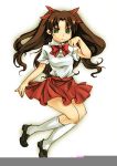  :&lt; brown_hair fate/stay_night fate/zero fate_(series) green_eyes hair_ribbon long_hair pleated_skirt ribbon skirt solo tohsaka_rin toosaka_rin twintails two_side_up yoshihi01 young 