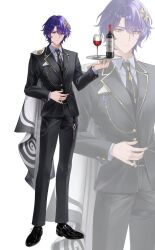  1boy black_jacket black_necktie black_pants black_shoes black_suit bottle cape cup dr._ratio_(honkai:_star_rail) drinking_glass glass grey_shirt hair_ornament hamo_(miyo_rmo2) highres holding holding_plate honkai:_star_rail honkai_(series) jacket long_sleeves multicolored_cape multiple_views necktie pants plate purple_hair red_eyes shirt shoes short_hair suit white_background white_cape wine_bottle wine_glass zoom_layer 