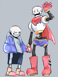  2019 2boys 2d arm_up armor black_shorts blue_jacket blue_shorts boots brothers cape comic commentary digital_media duo english_commentary full_body gloves grey_background grey_hood height_difference holding_hands hollow_eyes hood hood_down hooded_jacket humanoid jacket long_sleeves looking_at_viewer male male_focus male_only mittens monster monster_boy multiple_boys no_nose ok_sign one_eye_closed open_clothes open_jacket papyrus_(undertale) pink_slippers red_boots red_cape red_gloves sans_(undertale) segmented_comic shirt shorts siblings simple_background single_vertical_stripe skeleton slippers socks standing striped_shorts teeth undead undertale utdr_(toby_fox) veah3 vertical-striped_clothes vertical-striped_shorts white_armor white_mittens white_shirt white_stripes yellow_socks 
