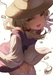  1girl absurdres ayayayaya63 blonde_hair commentary_request dress hands_on_own_thighs highres leaning_forward medium_hair moriya_suwako parted_lips purple_dress pyonta shirt sidelocks smile solo thigh-highs touhou water water_drop white_background white_shirt white_thighhighs yellow_eyes zettai_ryouiki 
