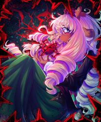  1girl animal_ears antlers apple blonde_hair blue_eyes brown_fur buck_teeth checkered_sweater_vest commentary curly_hair deer_antlers deer_ears deer_girl deer_tail deltarune english_commentary food freckles from_side fruit furry furry_female glasses green_skirt highres horns long_hair long_skirt long_sleeves noelle_(snowcoldgrave) noelle_holiday open_mouth reindeer_girl ringlets round_eyewear skirt solo sweater_vest tail teeth two-tone_sweater_vest utdr_(toby_fox) very_long_hair 