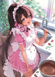  1girl alt_text apron blue_eyes bracelet brown_hair commentary day dress earrings english_commentary faucet fingernails food food_on_clothes food_on_face frilled_apron frills fruit hair_between_eyes hand_up high_ponytail highres holding holding_whisk indoors jewelry long_hair looking_at_viewer mixing_bowl open_mouth original pattikou pink_dress plant ponytail potted_plant puffy_short_sleeves puffy_sleeves short_sleeves sink snow_(pattikou) solo standing strawberry teeth upper_teeth_only very_long_hair whisk white_apron 