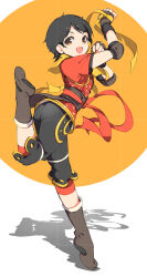  1girl :d ass black_gloves black_hair black_pants boots brown_eyes eileen_(virtua_fighter) elbow_pads fingerless_gloves full_body gloves highres ichizen_(o_tori) knee_boots knee_pads leg_up looking_at_viewer looking_back ninja open_mouth orange_background orange_ribbon pants red_shirt ribbon sash scarf shirt short_hair short_sleeves smile solo standing standing_on_one_leg tiptoes very_short_hair virtua_fighter yellow_scarf 