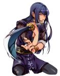  black_hair blue_eyes blue_hair fighting_stance long_hair male pepa solo sword tales_of_(series) tales_of_vesperia weapon white_background yuri_lowell 