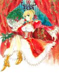  ahoge blonde_hair breasts cleavage command_spell crossed_legs dress epaulettes fate/extra fate_(series) fon-due_(fonfon) food fruit green_eyes hair_ribbon large_breasts legs legs_crossed ribbon saber_extra see-through sitting solo strawberry thighs 