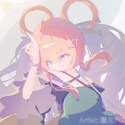  1girl arm_up artist_name black_dress blue_eyes bracelet brown_hair commentary dress english_commentary from_side hair_between_eyes hair_ornament hair_rings heart heart_hair_ornament highres jewelry long_hair neuro-sama off-shoulder_dress off_shoulder open_mouth solo stuffed_animal stuffed_toy upper_body user_azcj5382 vedal_ai very_long_hair virtual_youtuber wide_sleeves 